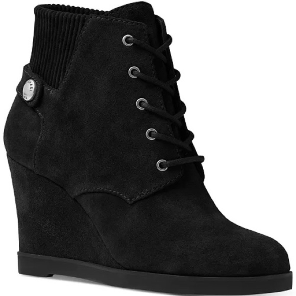 MICHAEL Michael Kors “Carrigan” Black Suede Wedge Lace Up Booties 8.5 - Picture 2 of 16